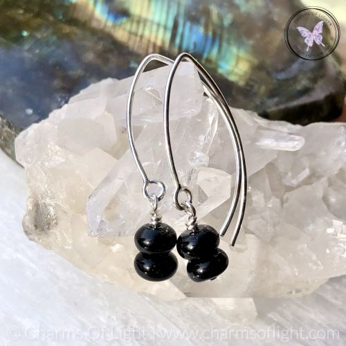 Black Onyx Rondelle Silver Angled Earrings